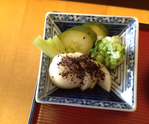 Nuka zuké: Cucumbers and turnips topped with yukari and shio zuké on the side