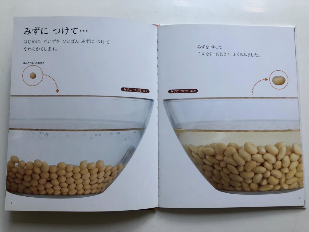 Einweichen von Sojabohnen in einem Japanischen Kinderbuch zur Tofu Herstellung