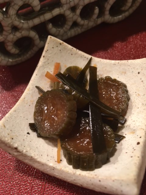 Tsukemono:  Cucumbers pickled with Ginger and Kombu